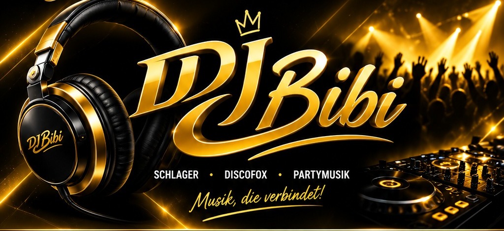 DJ Bibi mit großem goldenen Schriftzug, Kopfhörern und stimmungsvoller Partybeleuchtung